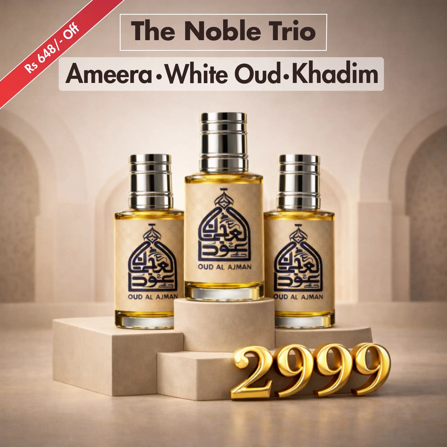 Nobel Trio Pack - 3 Premium Attars (White Oud, Ameera, Oud Al Khadim)